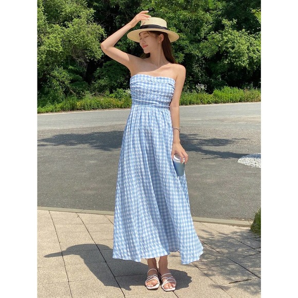 blue white Gingham Print Tube maxi Dress - Picture 6 of 6